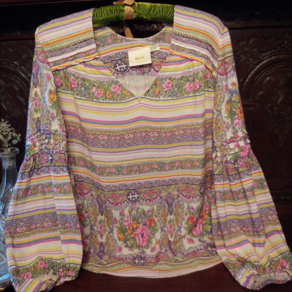 Maeve Anthropologie Floral Bishop Sleeve Blouse